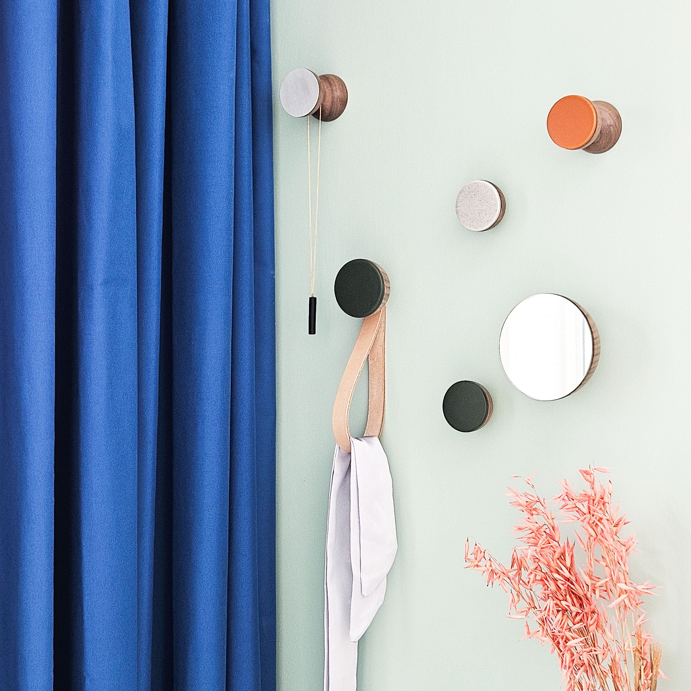 Round Walnut Wood & Ceramic Wall Mounted Coat Hook / Hanger with Leather Strap - Dark Green-3