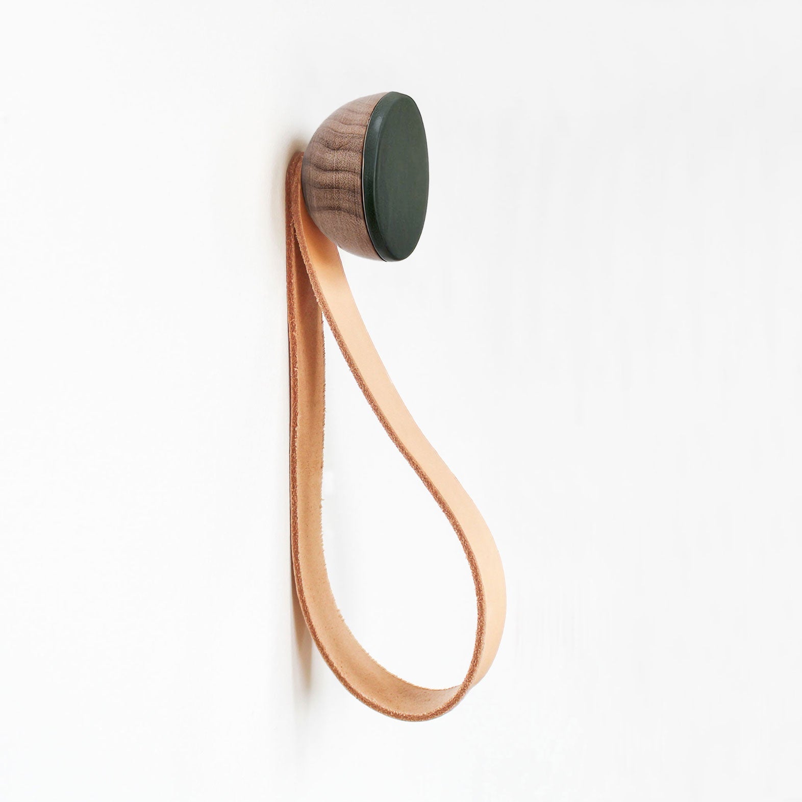 Round Walnut Wood & Ceramic Wall Mounted Coat Hook / Hanger with Leather Strap - Dark Green-0