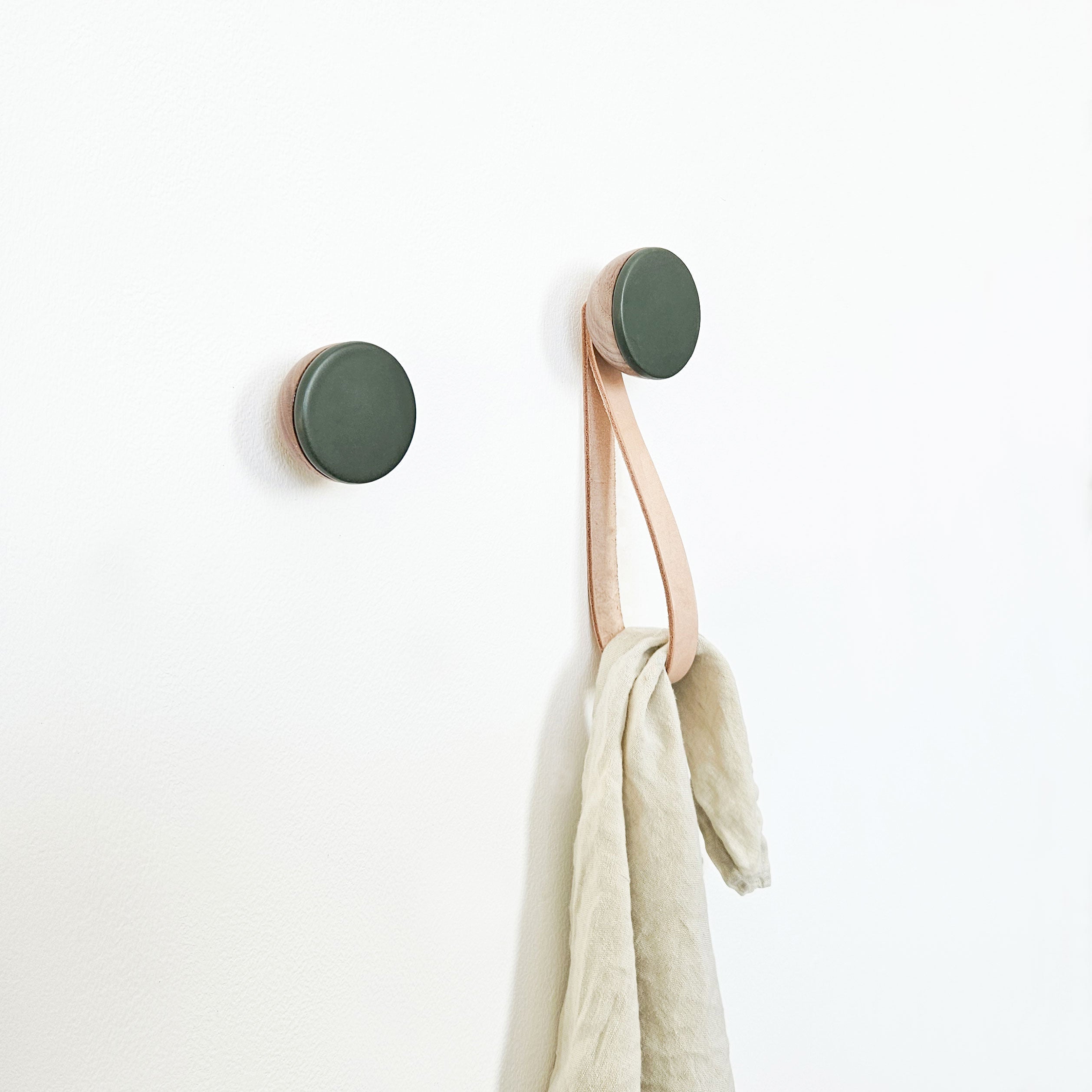 Round Walnut Wood & Ceramic Wall Mounted Coat Hook / Hanger with Leather Strap - Dark Green-1